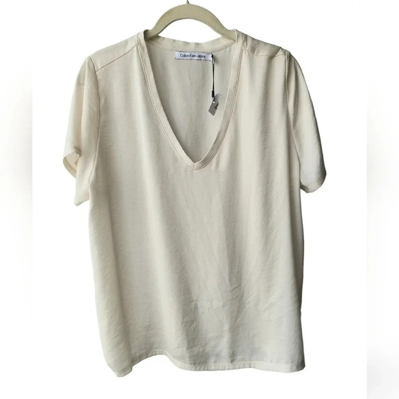 Calvin Klein Silky Soft Short Sleeve V Neck Blouse, L, NWT - Picture 1 of 8